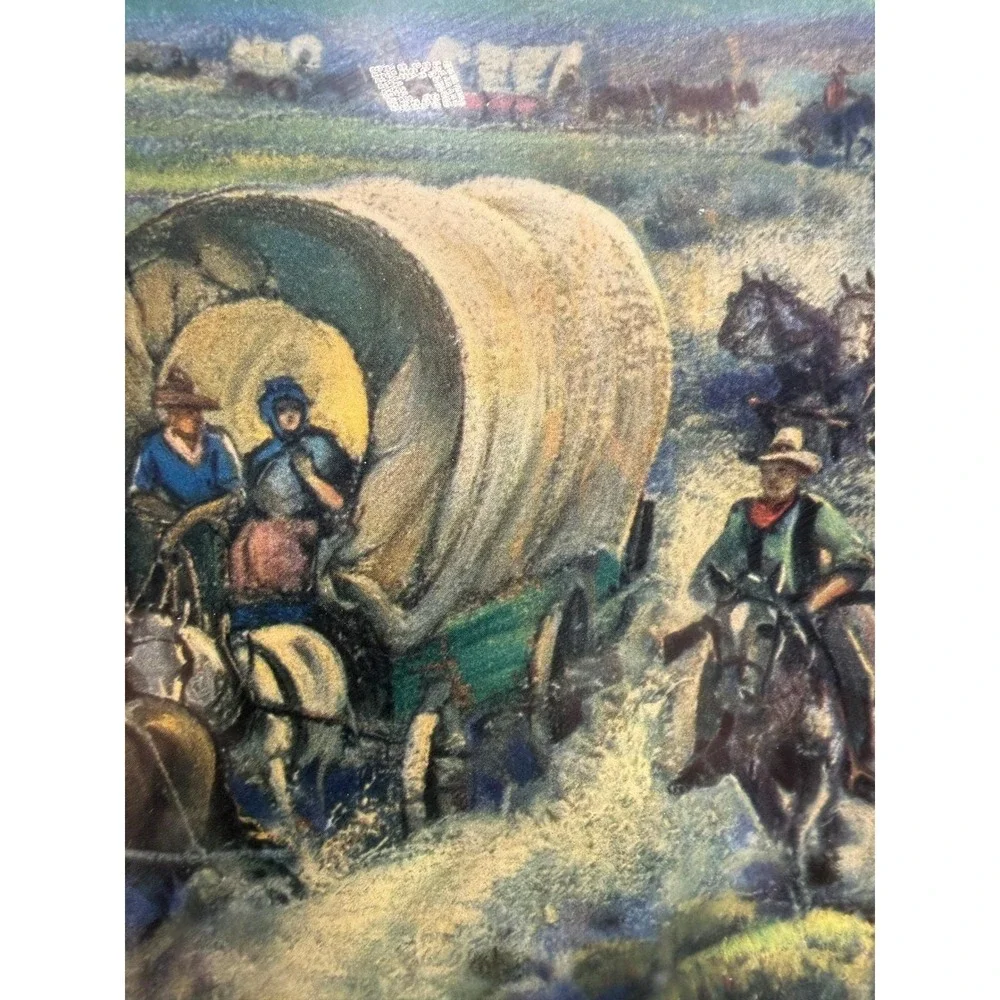 Antique Western Covered Wagon Lithograph Oval Frame Pioneer Scene John Teale Art